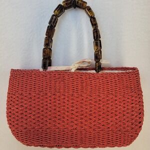 Talbots Vintage Woven Straw Coral Handbag Tote Purse Tortoiseshell-style Handles